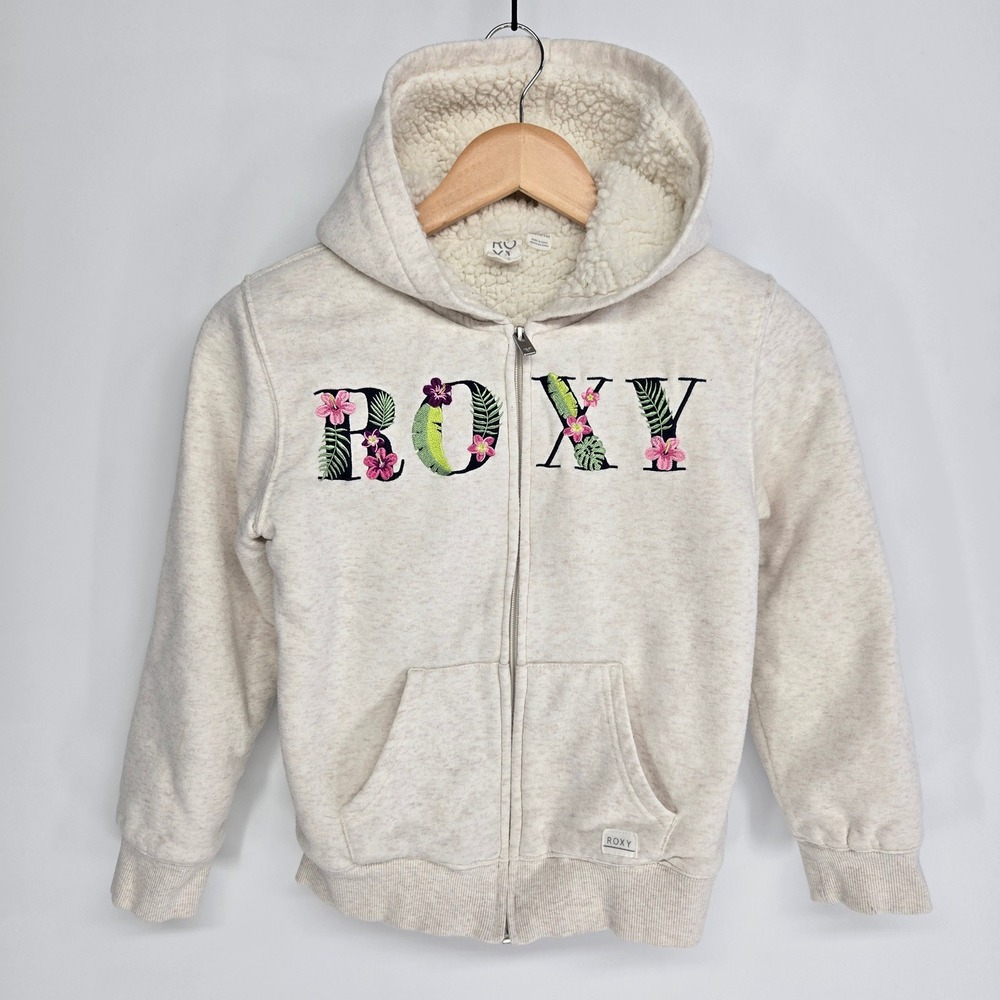 Roxy Zip Up Hoodie Girl M 10/12 Oatmeal Sherpa Lined Floral Tropical Embroidered